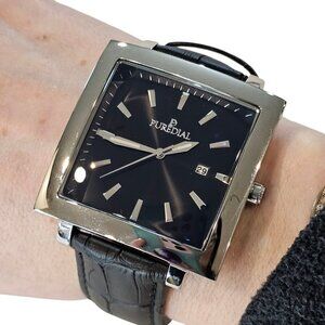 Puredial Gent's Square Legacy Wristwatch Silver Black Leather Band Needs Battery